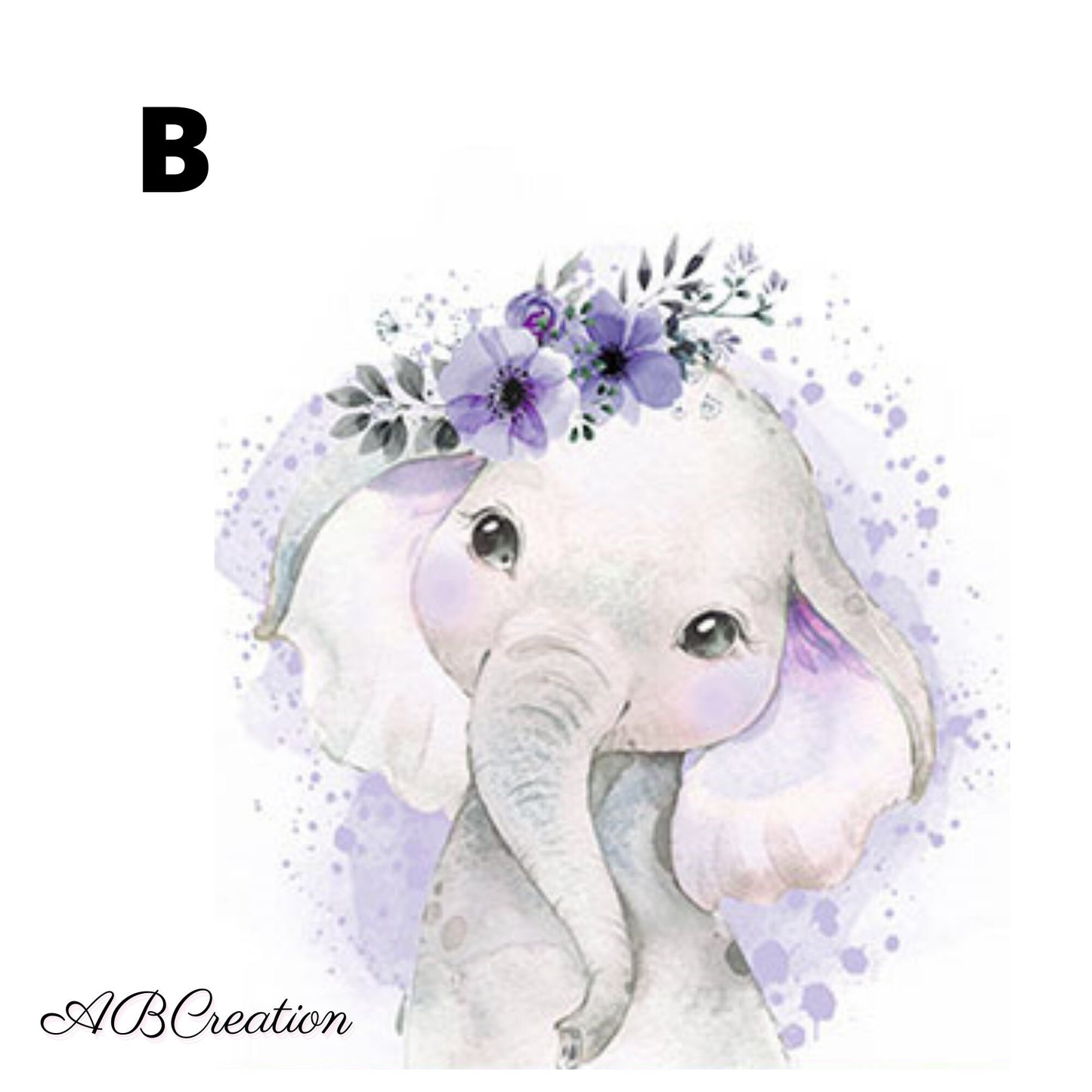affiche avec un petit elephant et couronne de fleur violettes