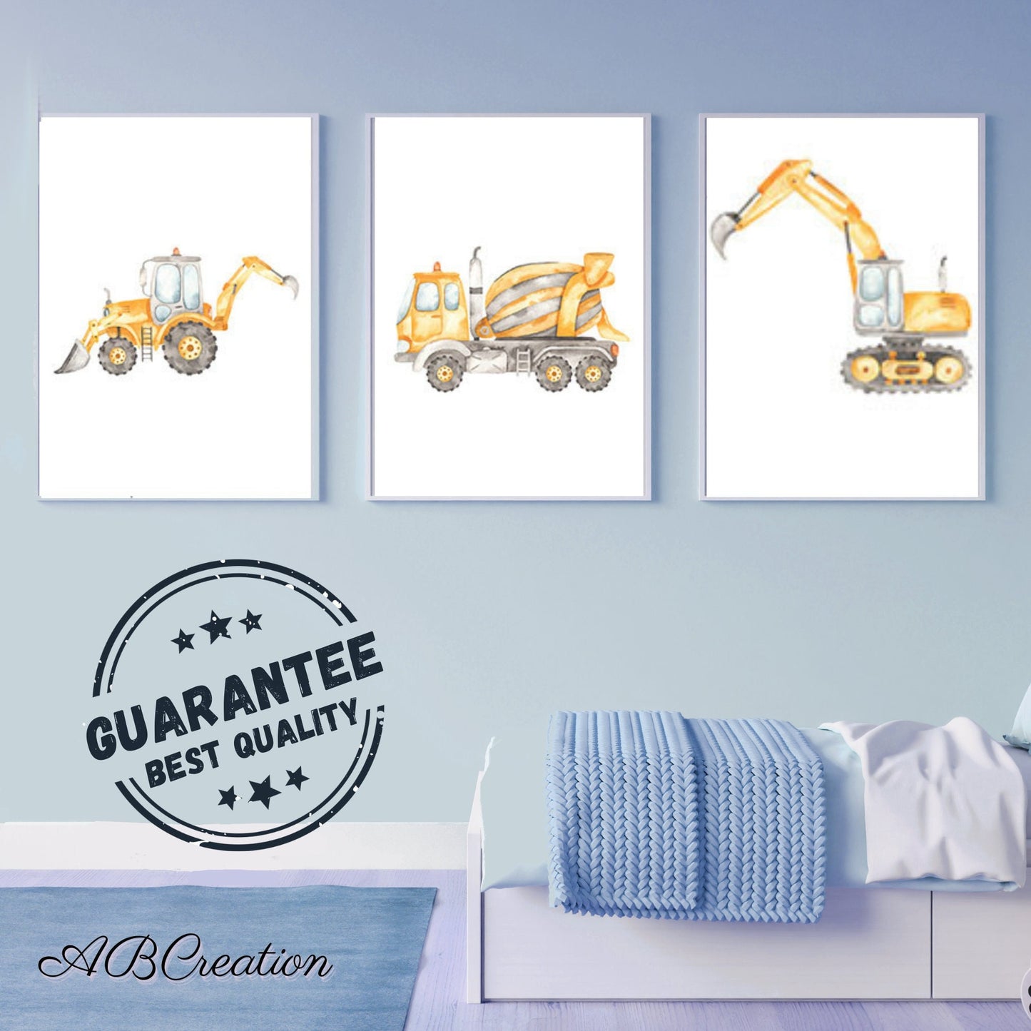 Set de 3 Affiches Aquarelle Jaune bulldozer et Camion