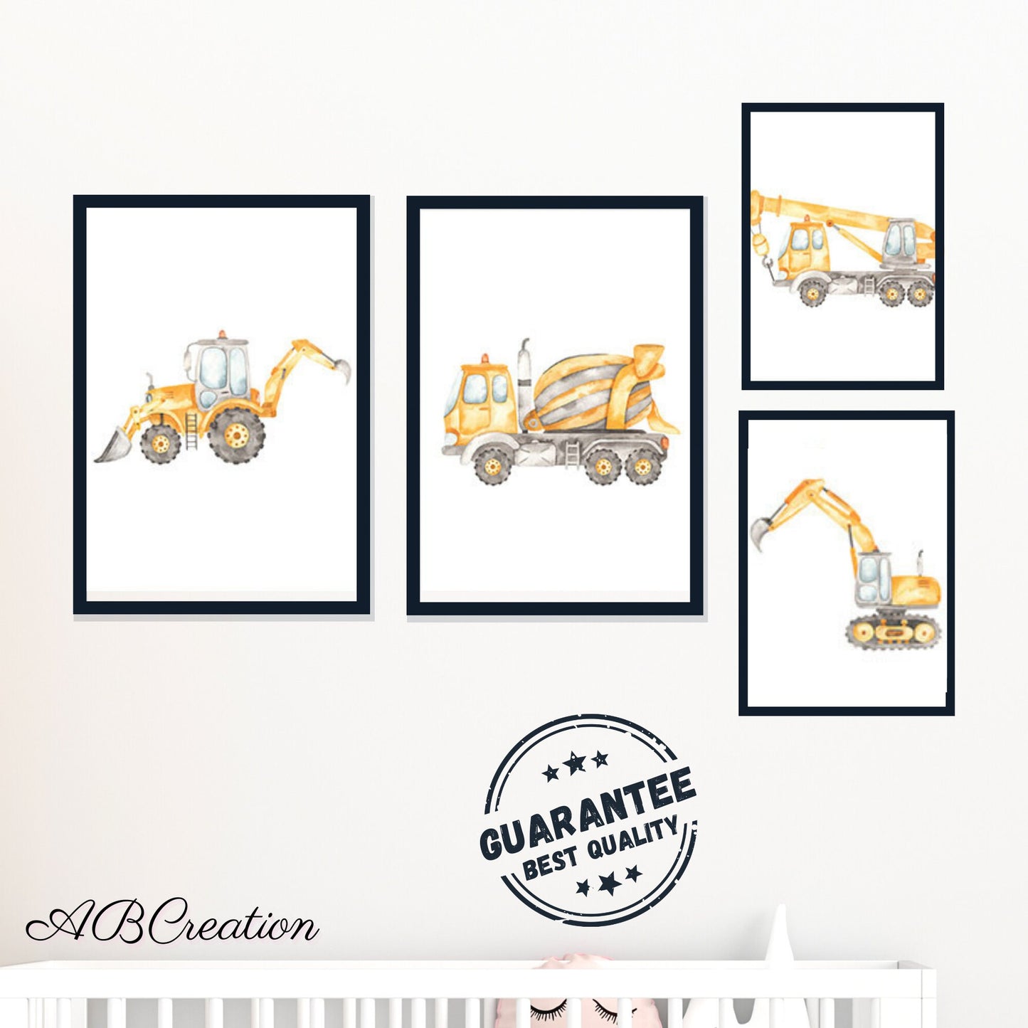 Set de 3 Affiches Aquarelle Jaune bulldozer et Camion