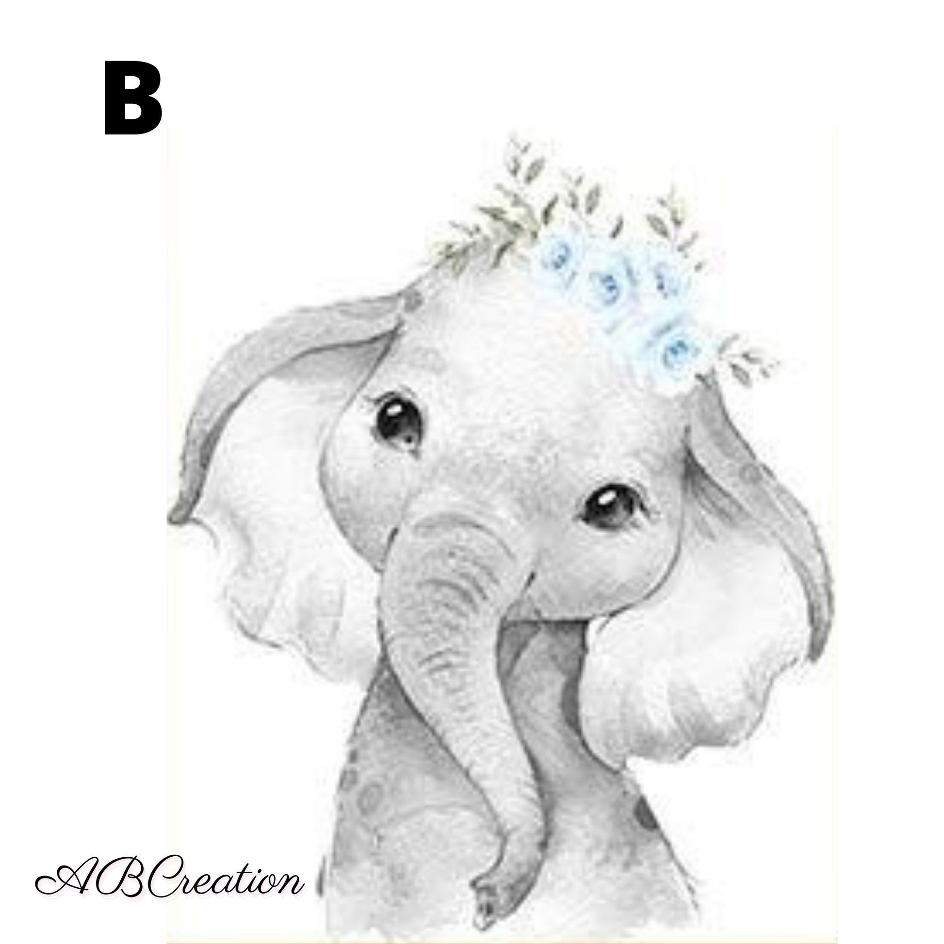 illustration d'un elephant avec une couronne de fleur bleu ciel 