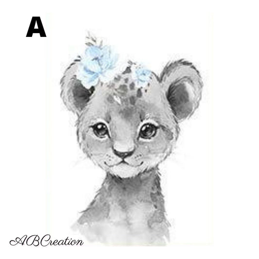 illustration d'un petit lion avec un couronne de fleur bleu claire
