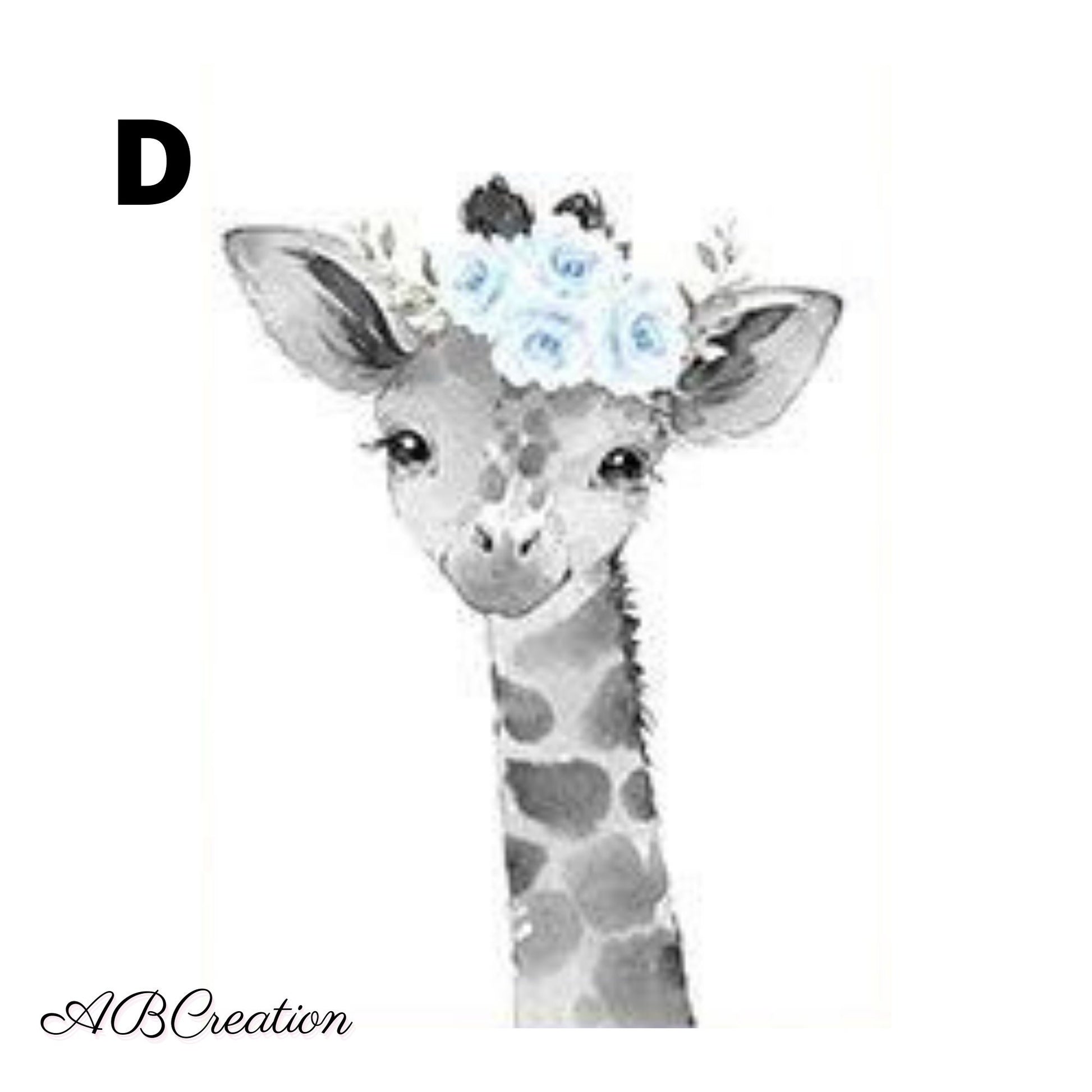 illustration d'une girafe avec une couronne de fleur bleu ciel 