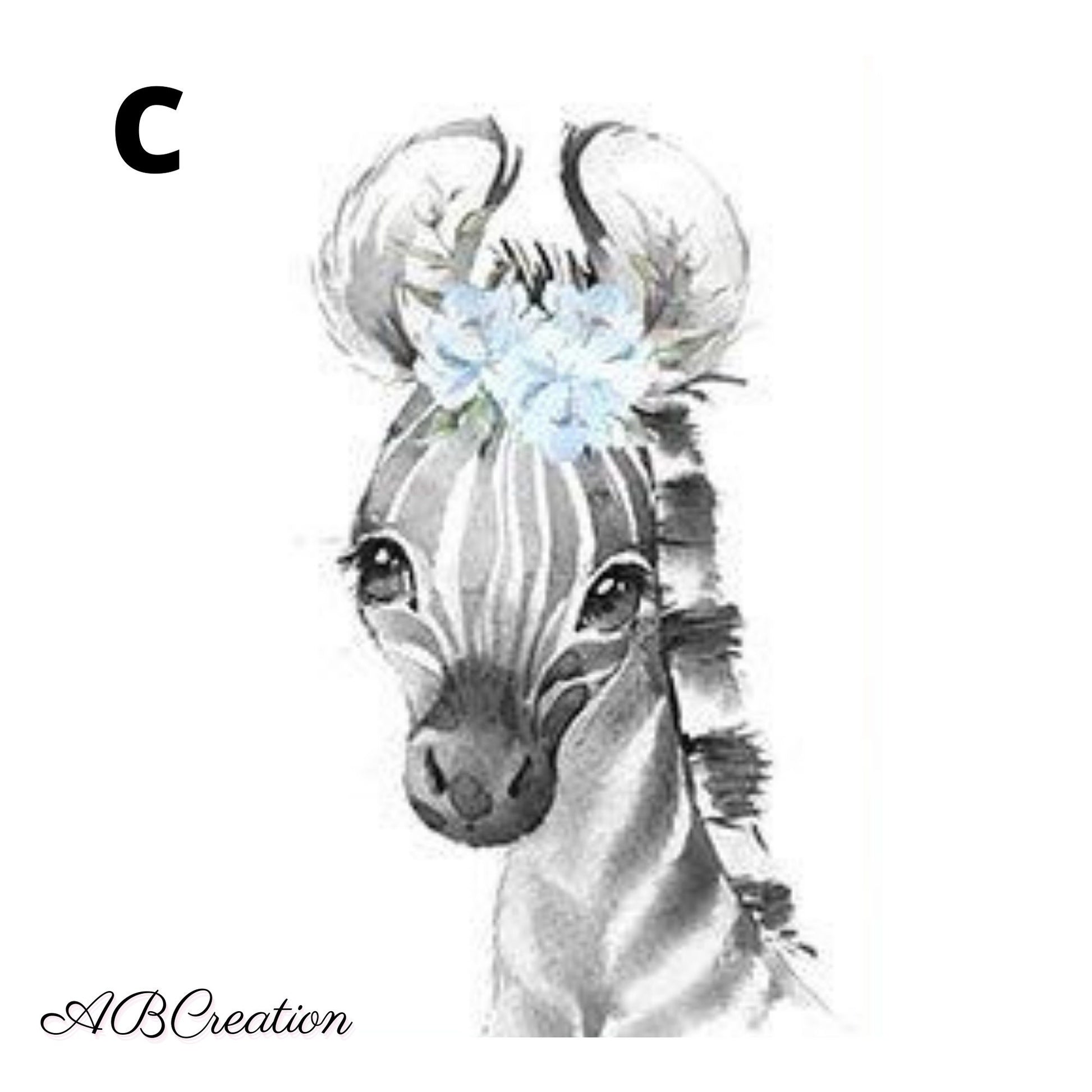 illustration d'un zebre avec une couronne de fleur bleu ciel 
