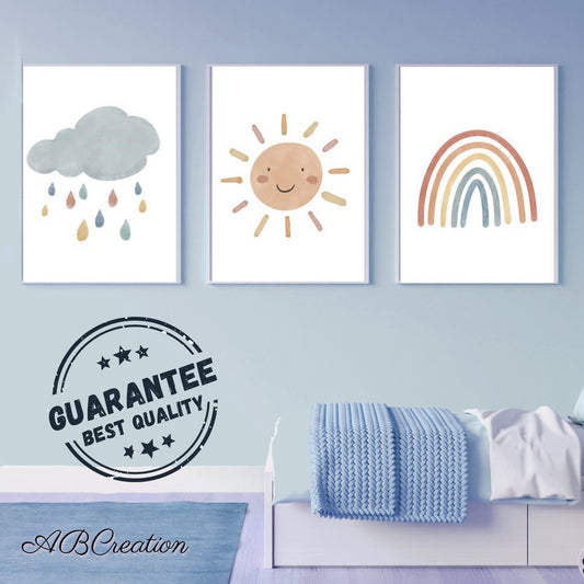 Set aus 3 Boho-Postern mit Regenbogen-Wolken- und Sonnenmustern
