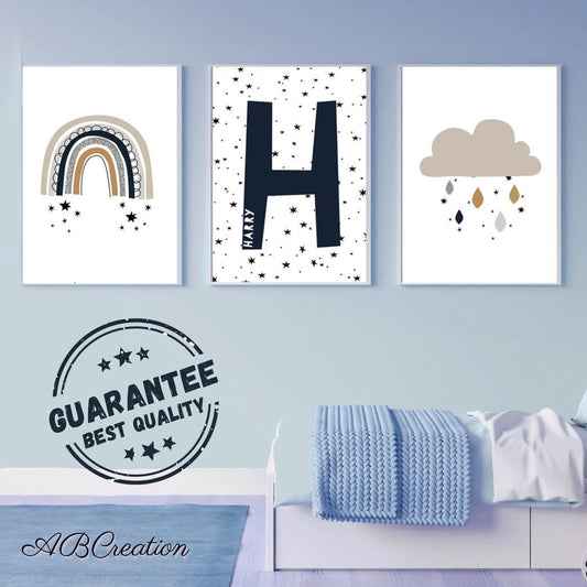 Set Affiches Arc-en-ciel Prénom Personnalisées - Cadeau de Naissance Original Garçon - Décoration Chambre Bébé Garçon