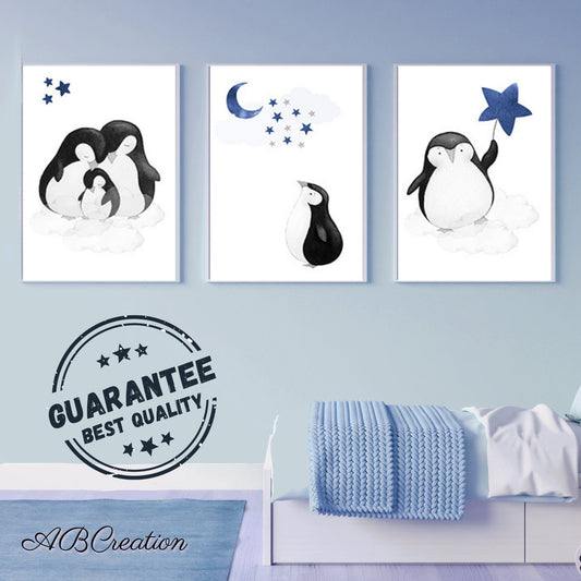 Set Affiche Famille Pingouins Lune et Etoiles