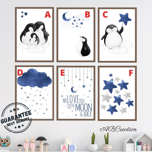 Poster-Set für die Familie „Pinguine, Mond und Sterne“.